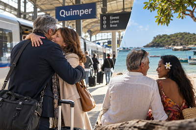 Deux couples illustrent l'amour à distance : un couple s'embrasse à Quimper en Bretagne et un autre couple se retrouve à Madagascar.