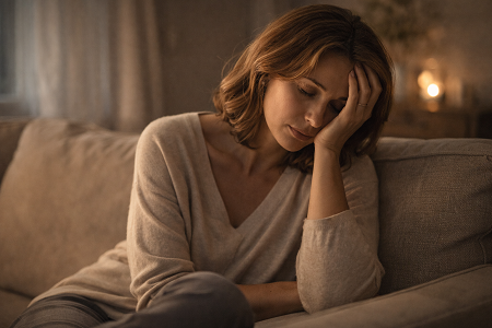 Femme pensive illustrant la fatigue émotionnelle et le burn-out amoureux