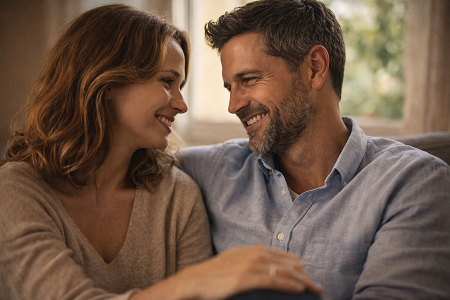 Couple complice illustrant les qualités importantes chez un homme pour une relation amoureuse durable